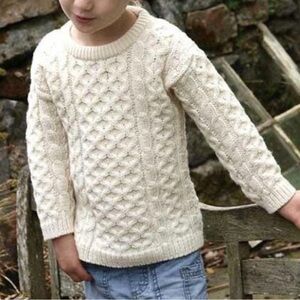 Aran Irish Donegal Merino Wool Sweater Kids 4-5Y Unisex Cable Knit Cream Celtic